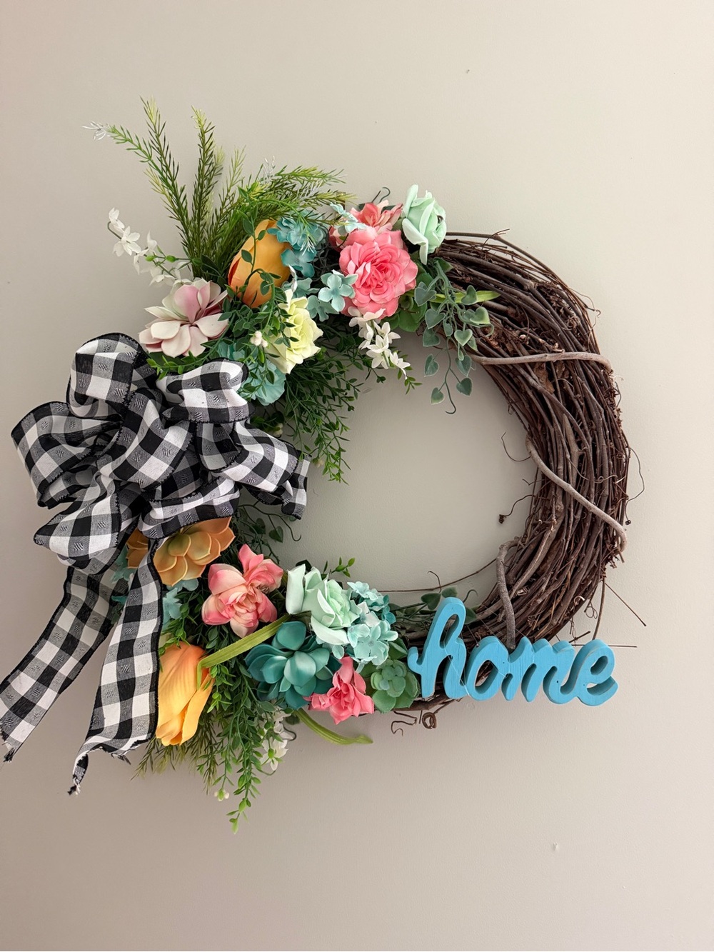 Welcome Home Floral Grapevine Wreath with Black Plaid Bow - Blue "Home" Accent